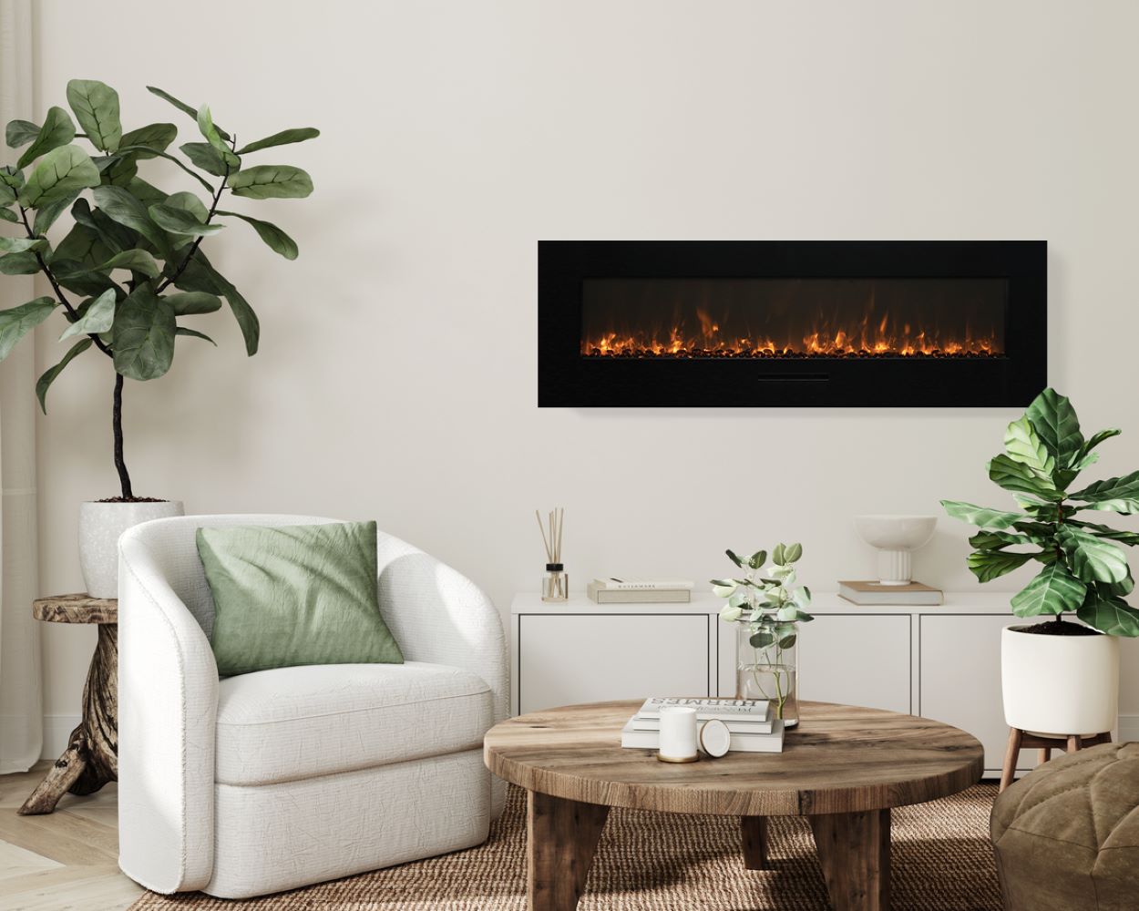 Amantii 60" Wall Mount/Flush Mount Electric Fireplace with Glass Surround-WM-FM-60-7023-BG- Lifestyle Living Room White Wall Mount