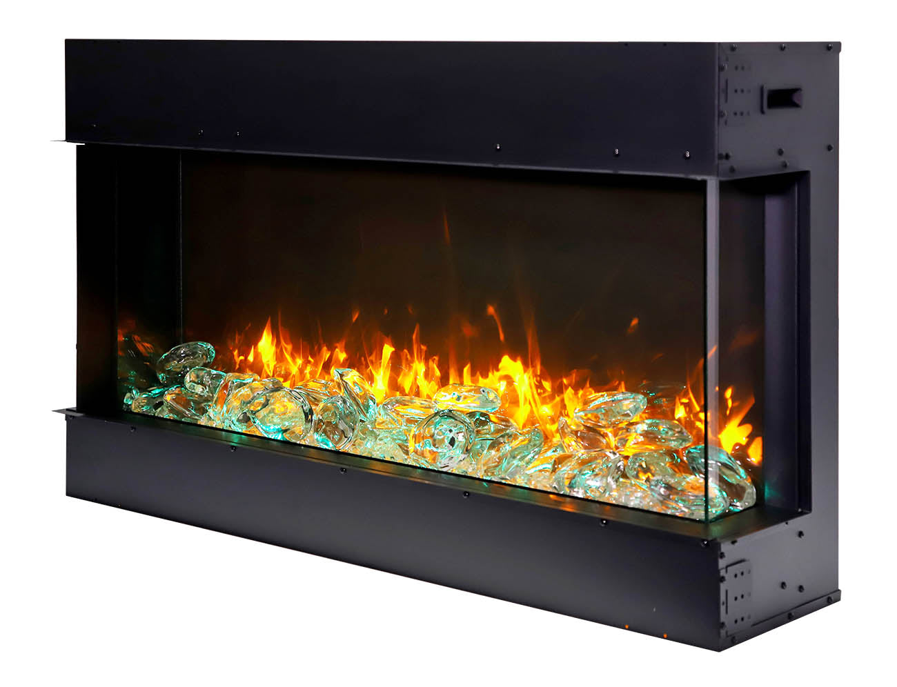 Amantii Tru-View 30" Three Sided Slim Glass Electric Fireplace -30-TRV-slim- Left View With Fire Glass Blue Flame