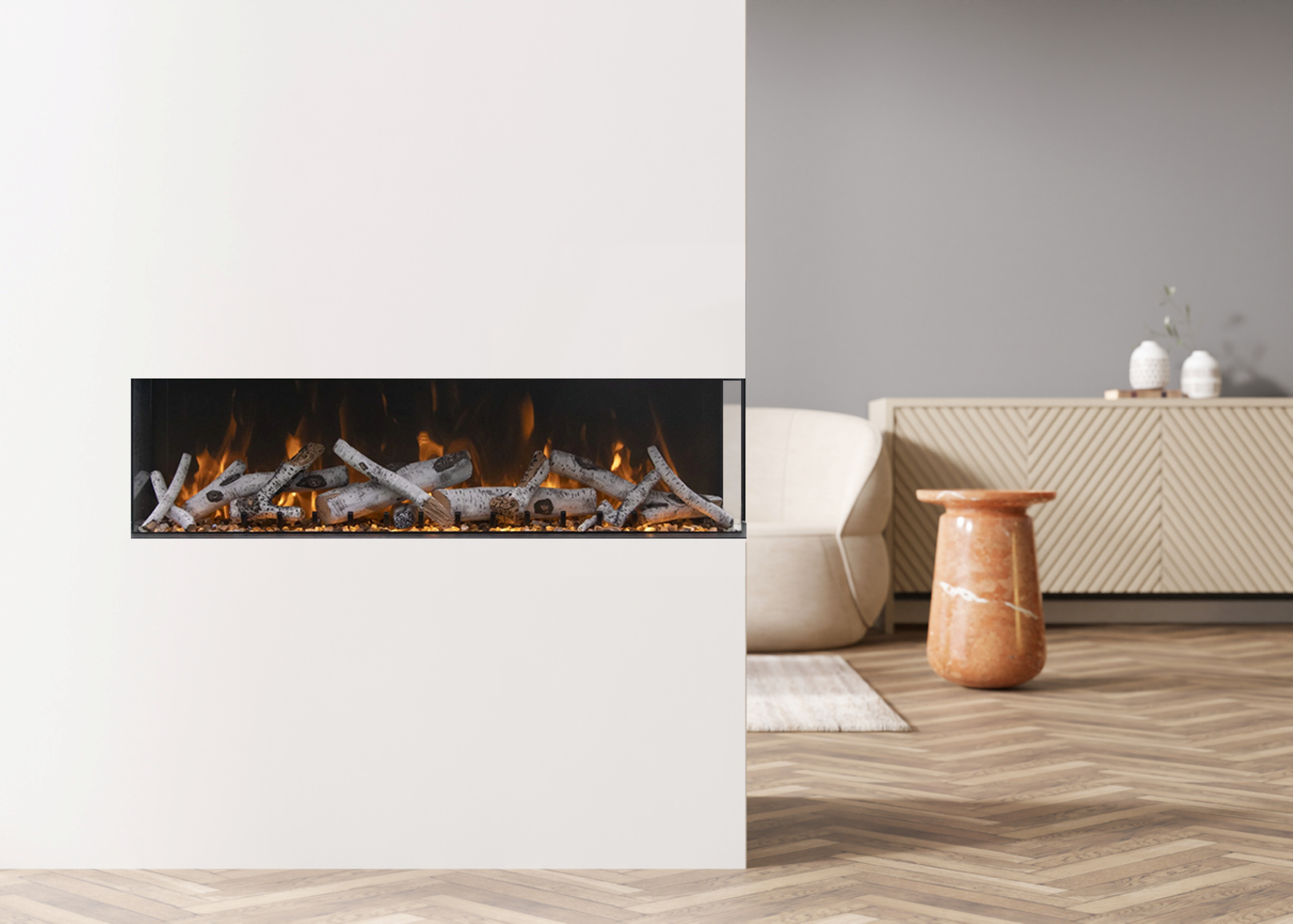 Amantii Tru-View XL Deep 60" Built-In Three Sided Electric Fireplace -60-TRU-VIEW-XL-DEEP- Lifestyle Living Room With Concrete Division