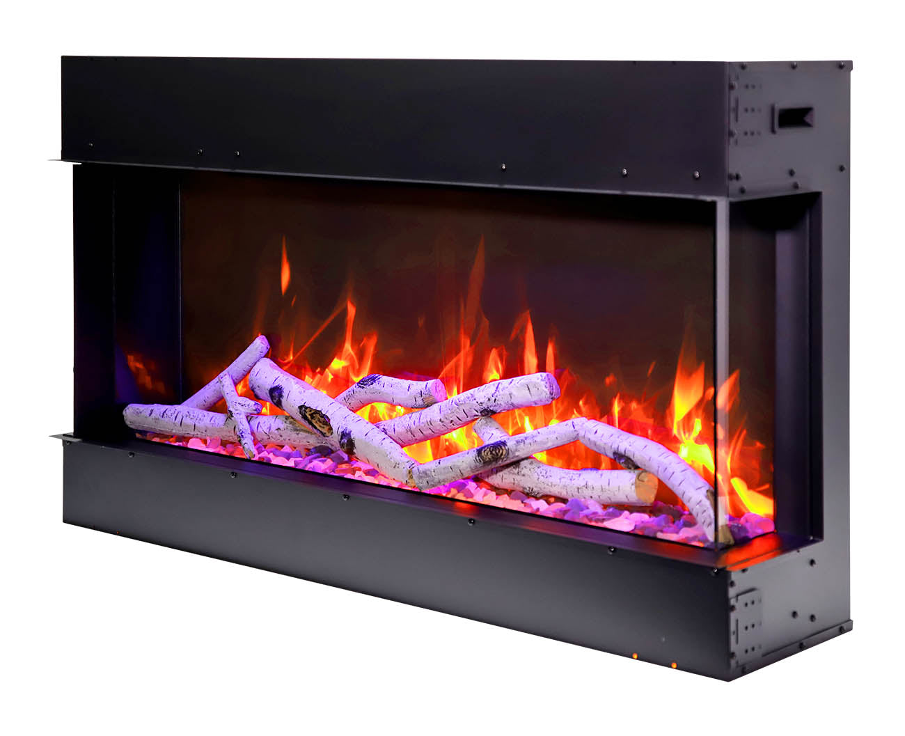 Remii by Amantii 60" BAY-SLIM Series 3 Sided Glass Electric Fireplace- 60-BAY-SLIM- Left View With Birch Log Orange Flame