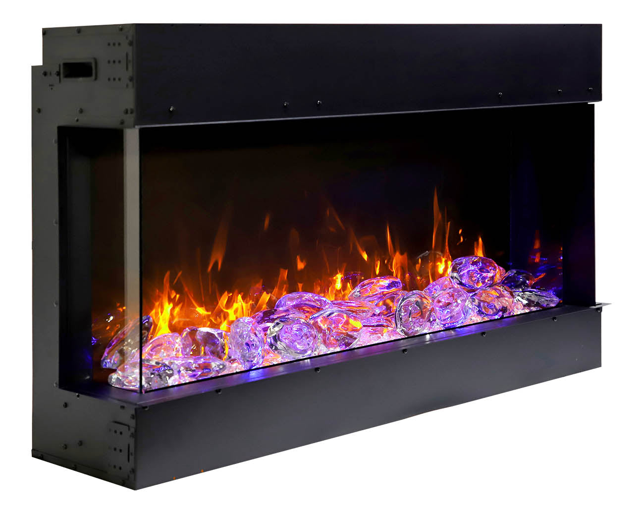 Remii by Amantii 72" BAY-SLIM Series 3 Sided Glass Electric Fireplace- 72-BAY-SLIM- Right View With Glass Chunks