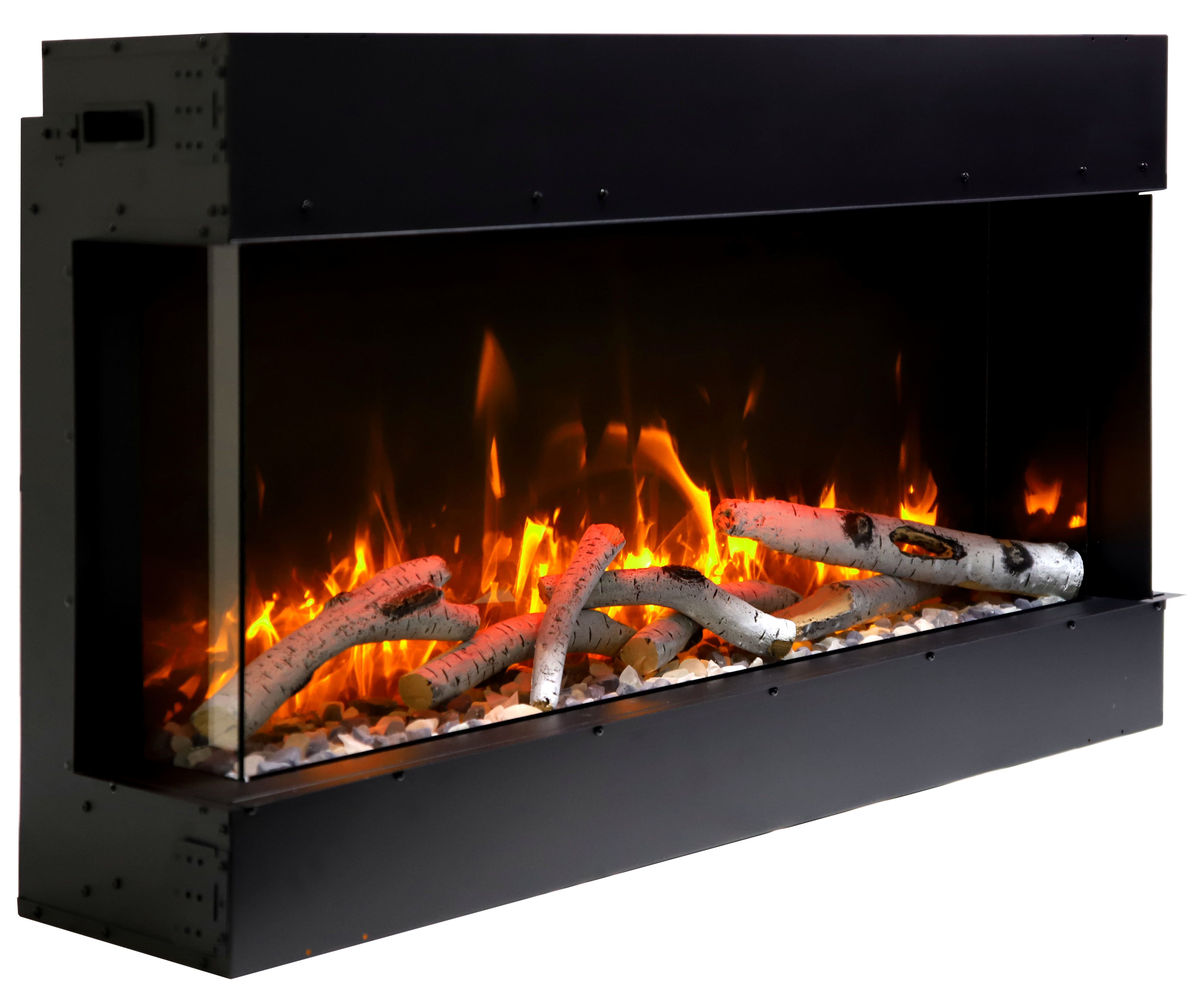 Remii by Amantii 50" BAY-SLIM Series 3 Sided Glass Electric Fireplace-50-BAY-SLIM- Right View With Birch Log