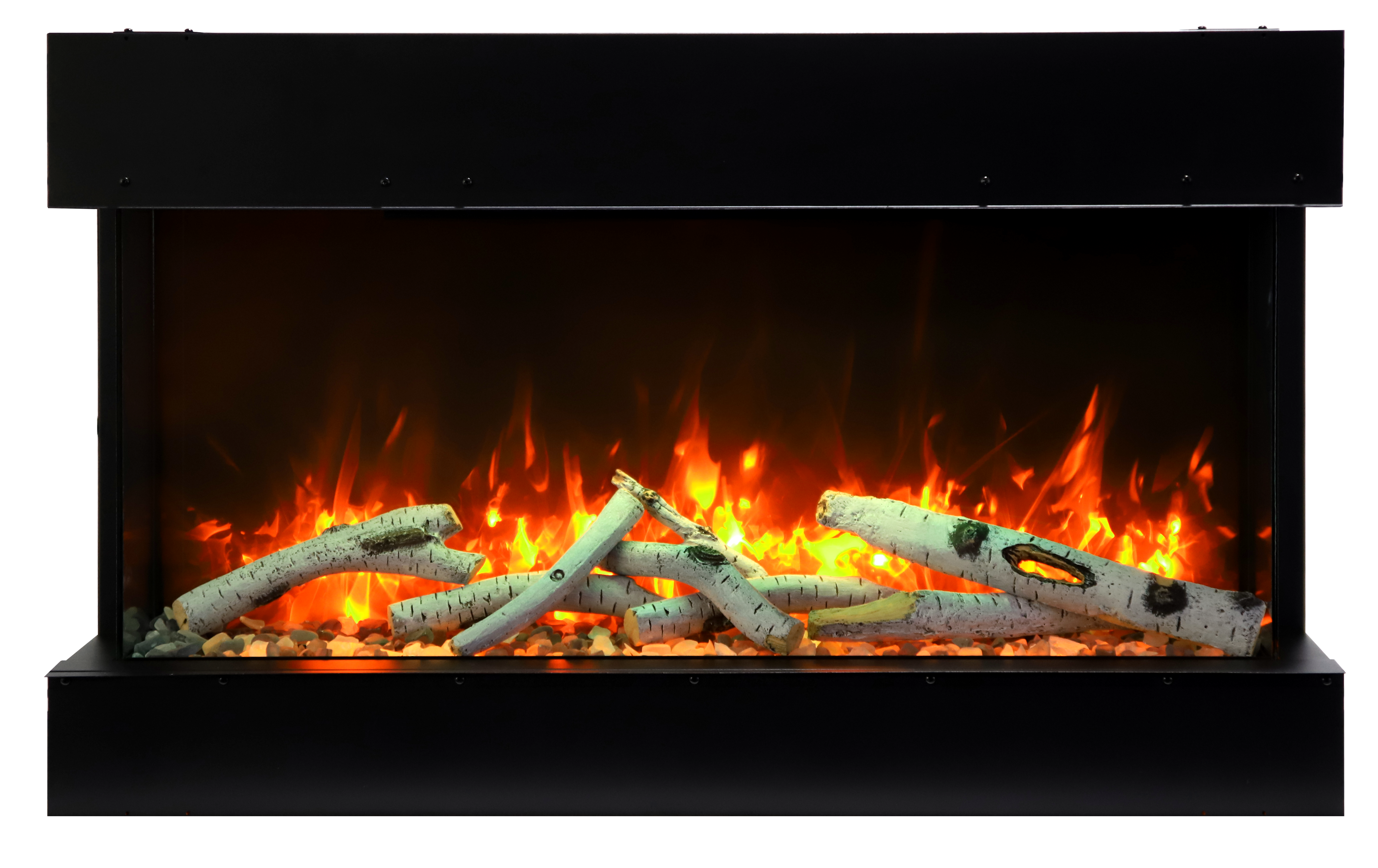 Remii by Amantii 50" BAY-SLIM Series 3 Sided Glass Electric Fireplace-50-BAY-SLIM- Front View With Birch Log Orange Flame