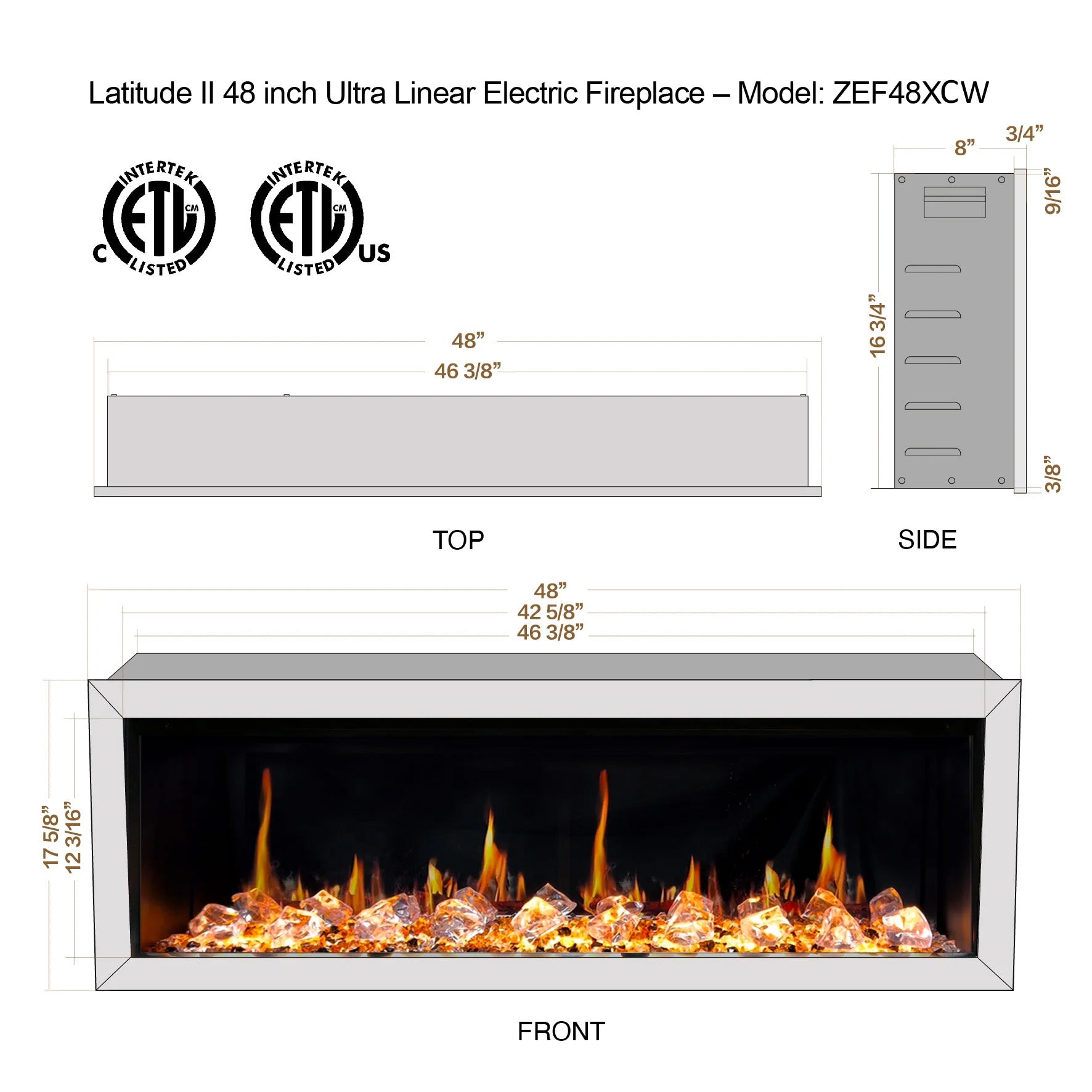 Litedeer Gloria II 48 Seamless Push-in Electric Fireplace with Acrylic Crushed Ice Rocks_White_-ZEF48XCW-Dimensions