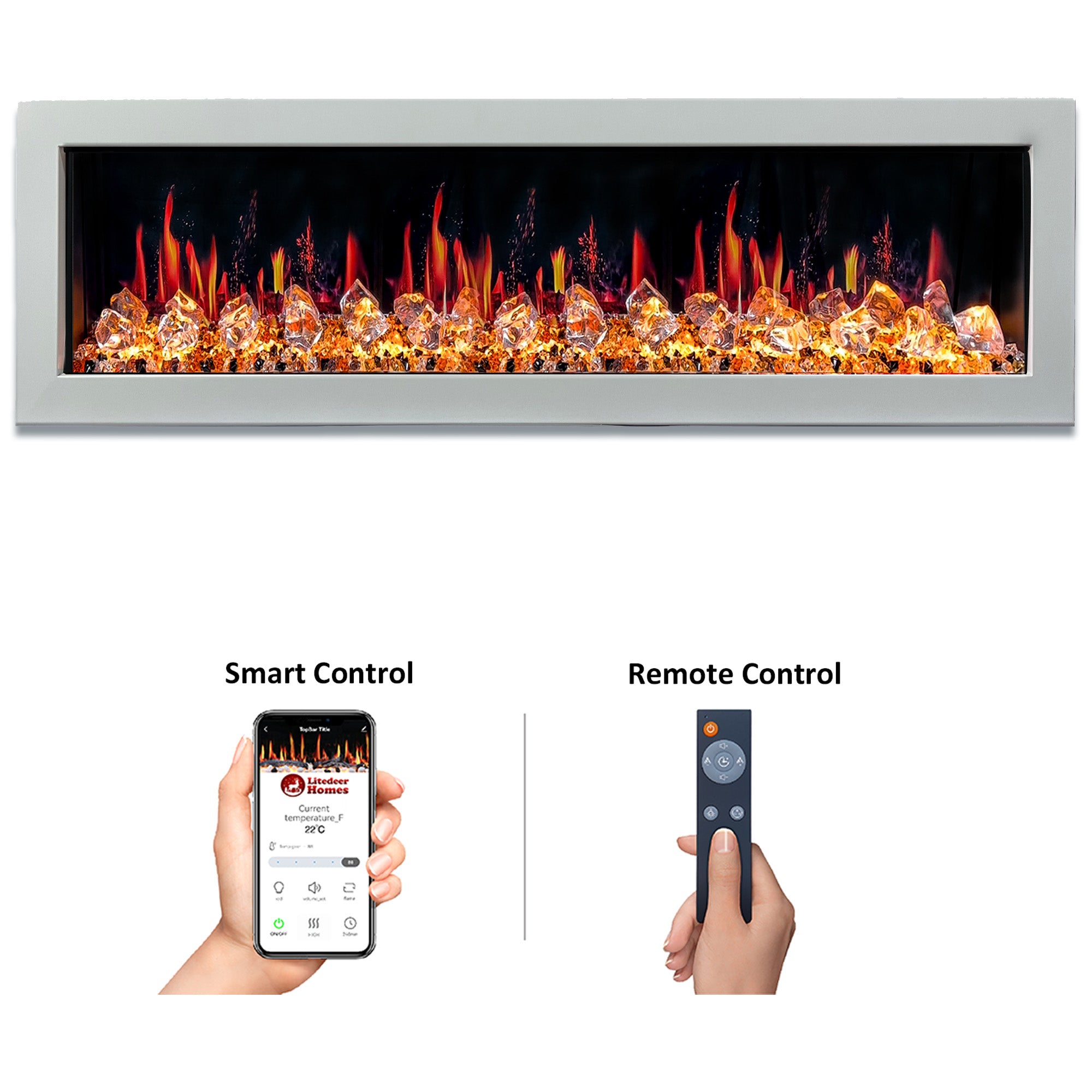 Litedeer Gloria II 68 Seamless Push-in Electric Fireplace with Acrylic Crushed Ice Rocks_White_-ZEF68XCW-Control