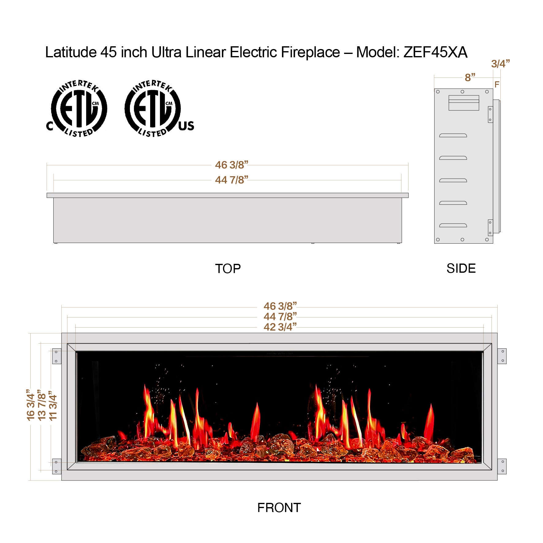 Litedeer Latitude 45" Ultra Slim Built-in Electric Fireplace + Reflective Fire Glass (Luster Copper)