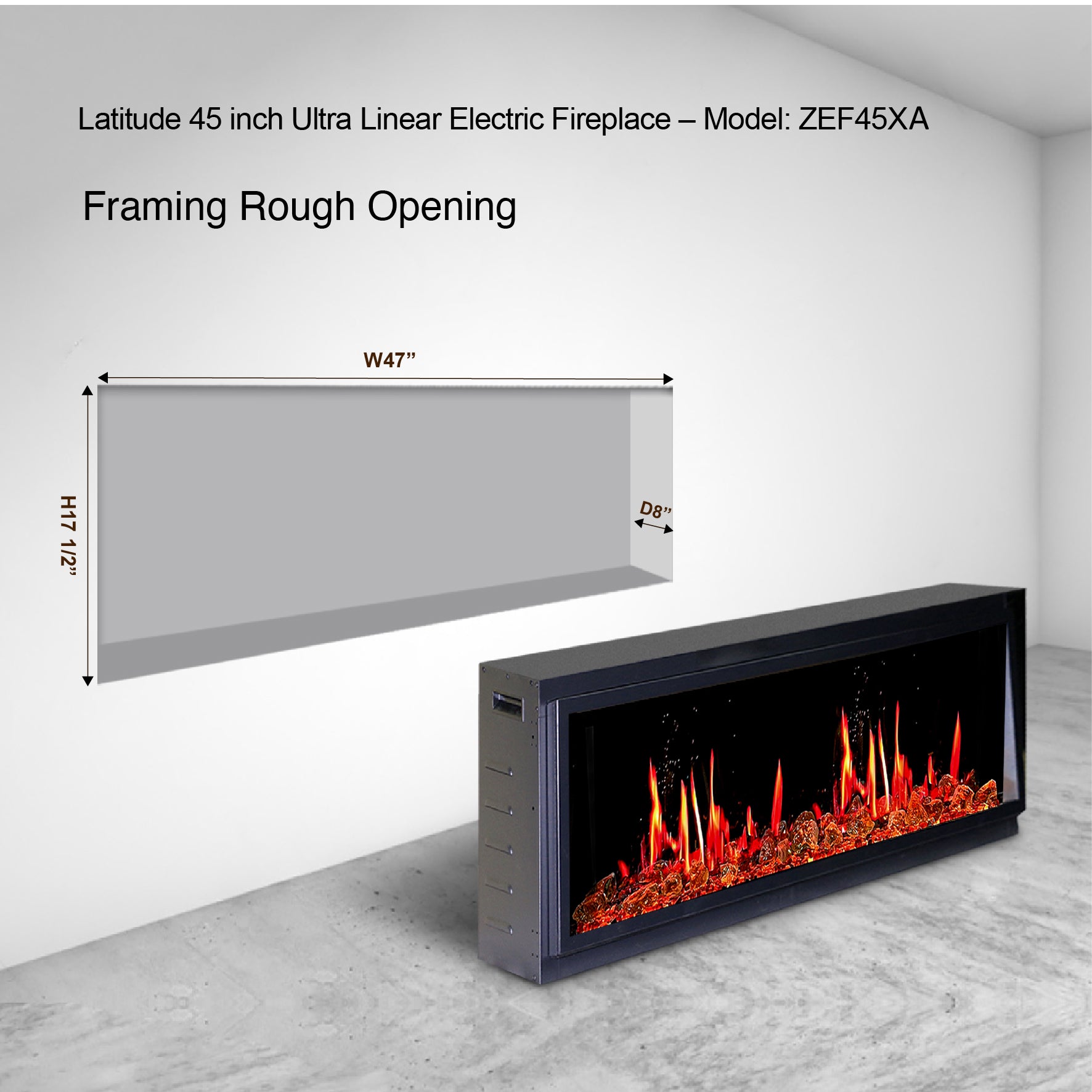 Litedeer Latitude 45" Ultra Slim Built-in Electric Fireplace + Reflective Fire Glass (Luster Copper)