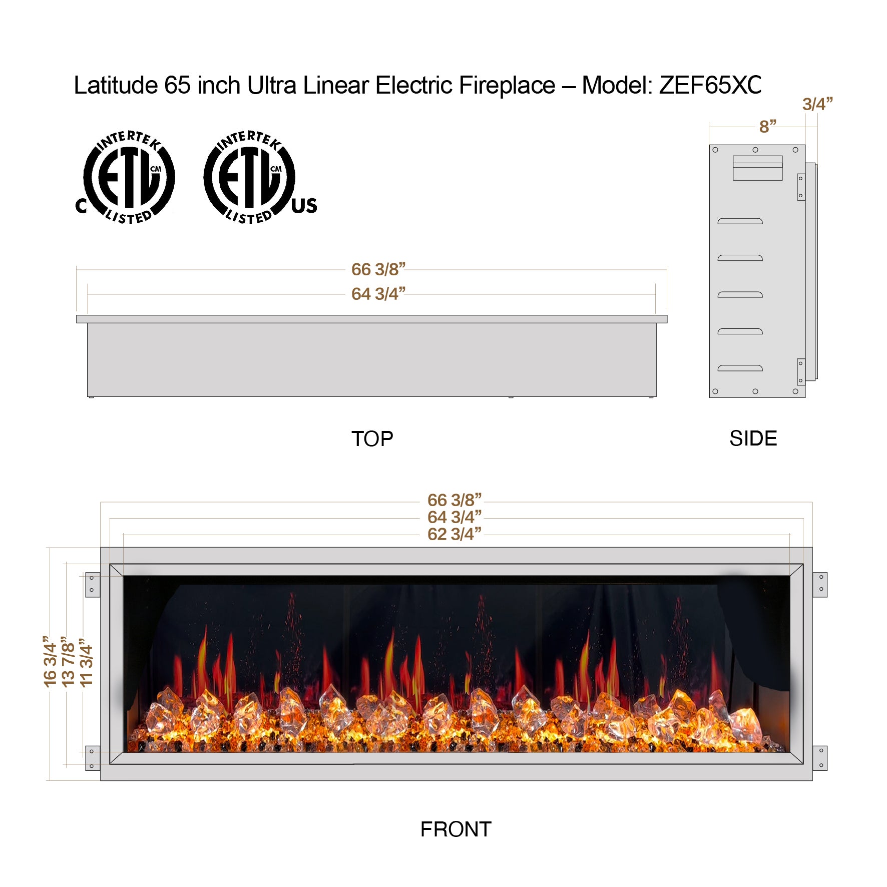 Litedeer Latitude 65" Ultra Slim Built-in Electric Fireplace + Acrylic Crushed Ice Rocks