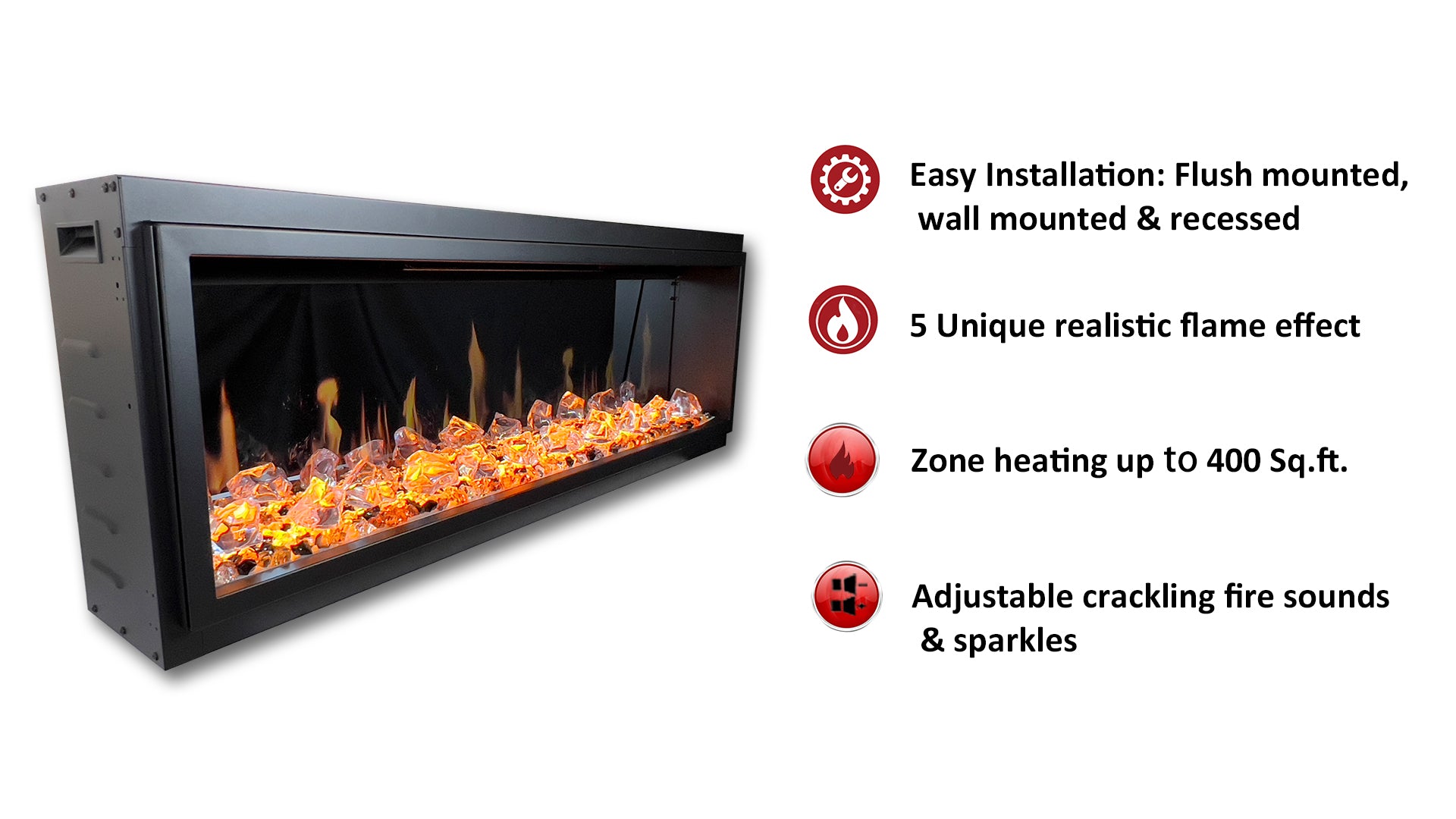 Litedeer Latitude 65" Ultra Slim Built-in Electric Fireplace + Acrylic Crushed Ice Rocks