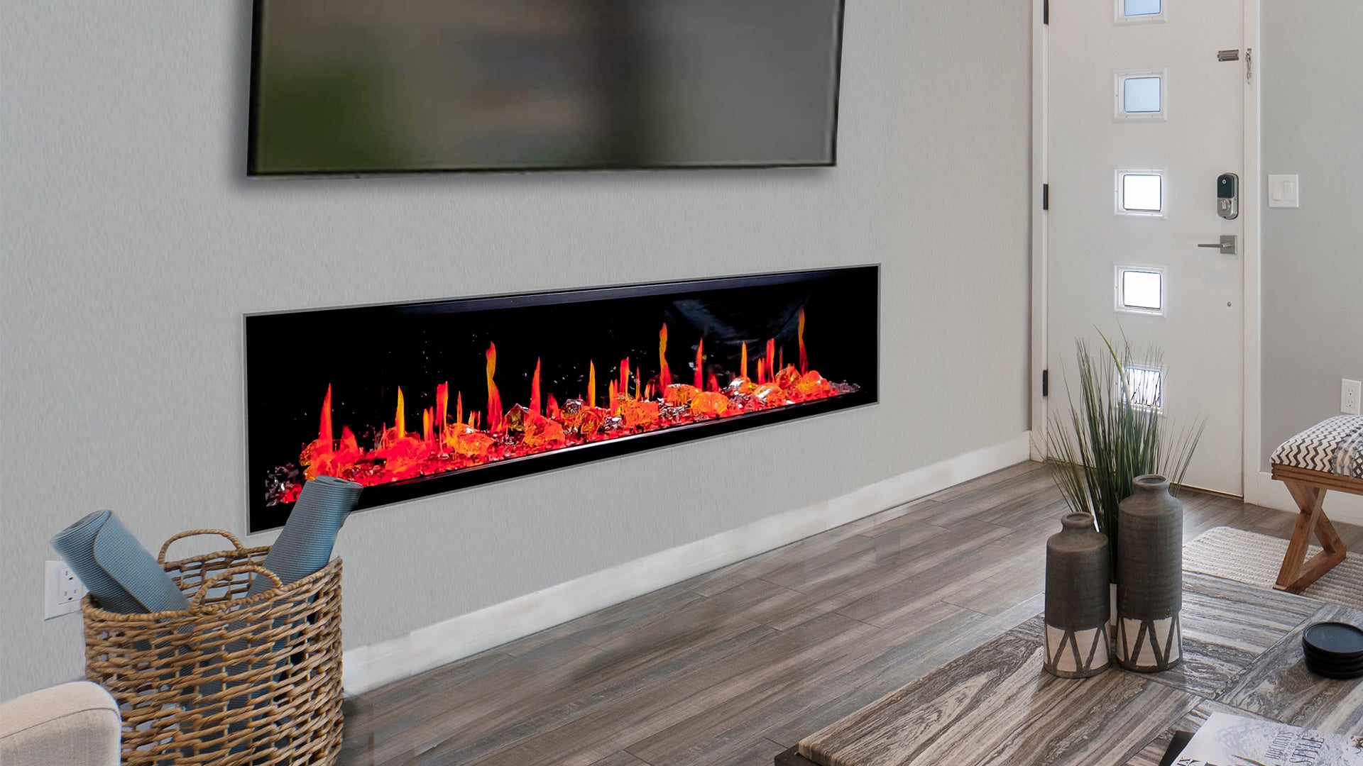 Litedeer Latitude 75" Built-in Linear Electric Fireplace + Reflective Fire Glass (Luster Copper)