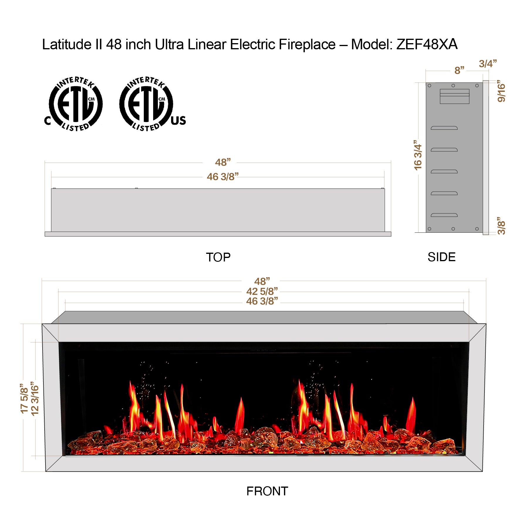 Litedeer Latitude II 48" Seamless Push-in Electric Fireplace + Reflective Fire Glass (Luster Copper)