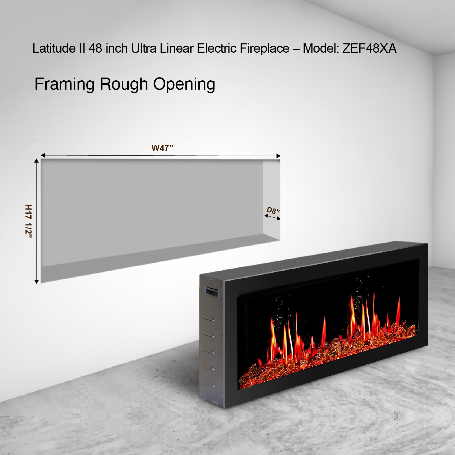 Litedeer Latitude II 48" Seamless Push-in Electric Fireplace + Reflective Fire Glass (Luster Copper)