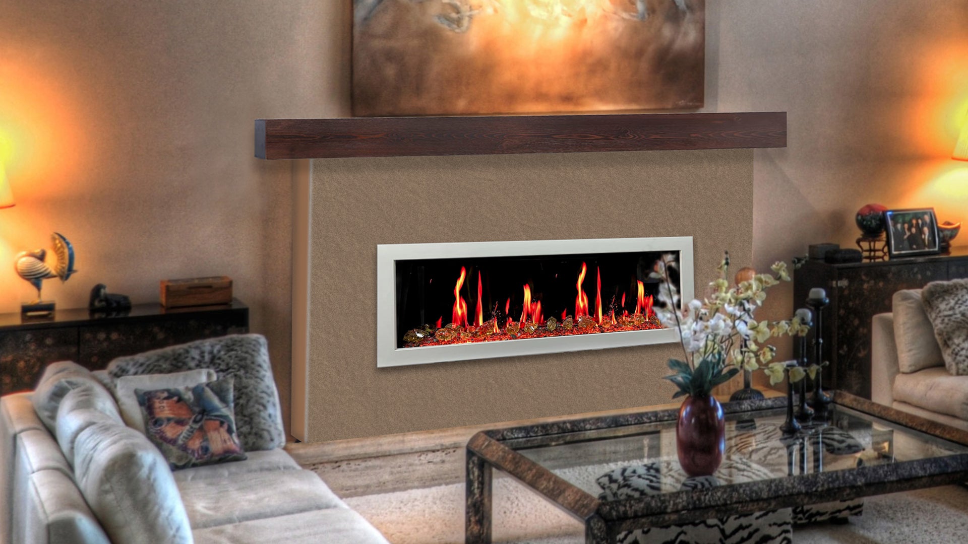 Litedeer Latitude II 48" Seamless Push-in Electric Fireplace + Reflective Fire Glass (Luster Copper)