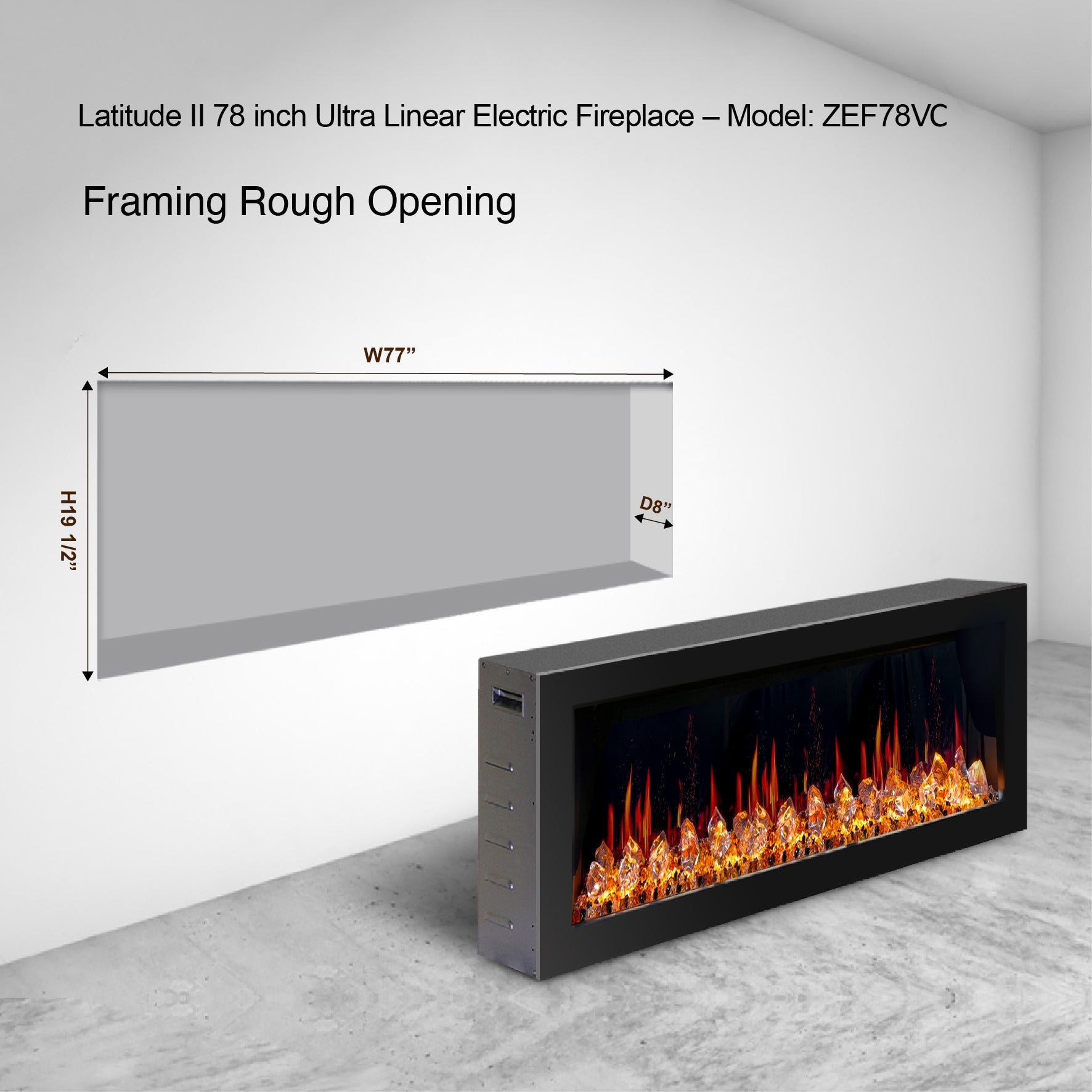 Litedeer Latitude II 78 Seamless Push-in Electric Fireplace_Acrylic Crushed Ice Rocks-ZEF78VC-Framing