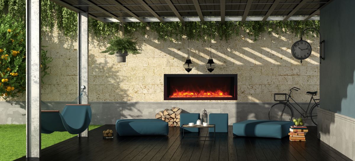 Remii by Amantii 45" Extra Slim Wall Mount Electric Fireplace with Black Steel Surround- WM-SLIM-45- Lifestyle Patio