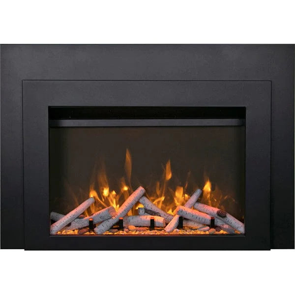 Sierra Flame by Amantii Deep 30"/34" Electric Fireplace Insert with Black Steel Surround- Front View With Log