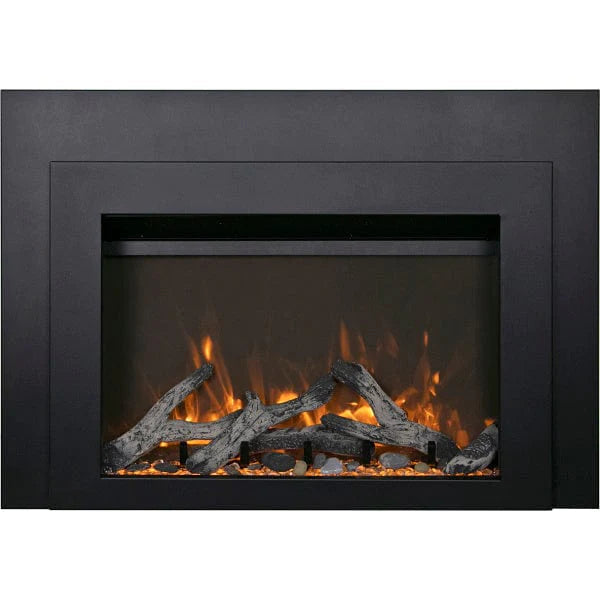 Sierra Flame by Amantii Deep 30"/34" Electric Fireplace Insert with Black Steel Surround- Front View With Yellow Flame