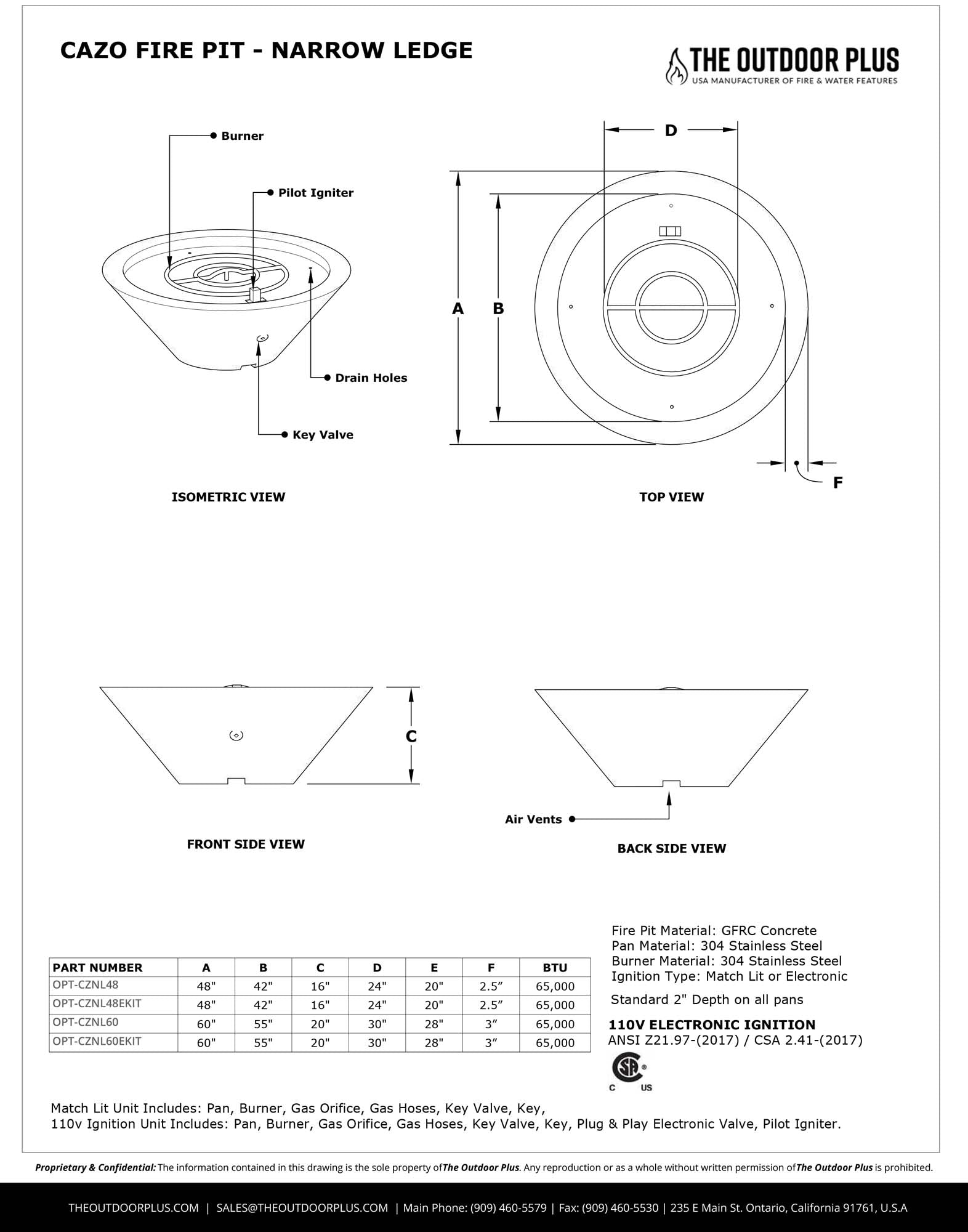 The Outdoor Plus 60" Narrow Ledge Round Cazo Fire Pit - GFRC Concrete -Match Lit with Flame Sense -Liquid Propane- Dimensions