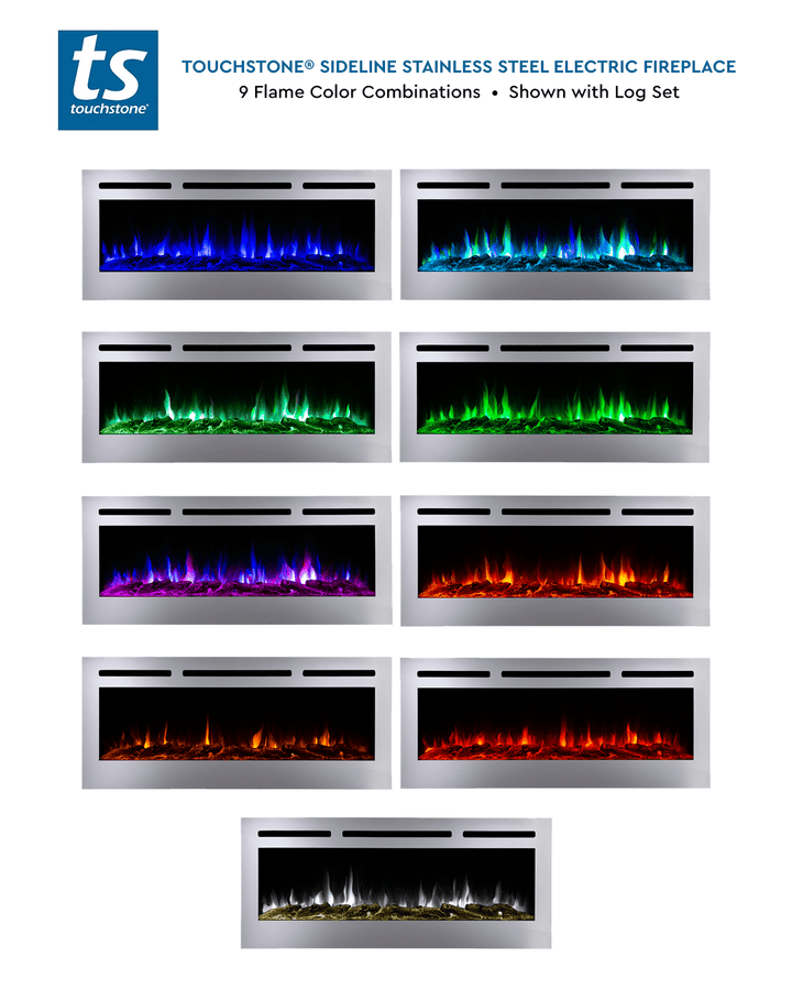 Touchstone - The Sideline Deluxe Stainless Steel 50" Recessed Electric Fireplace -86273- Log Colors